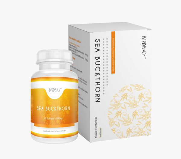Sea Buckthorn - Bottle of softgel capsules with Sea Buckthorn Berry Oil and Seed Oil, a natural antioxidant blend for overall health